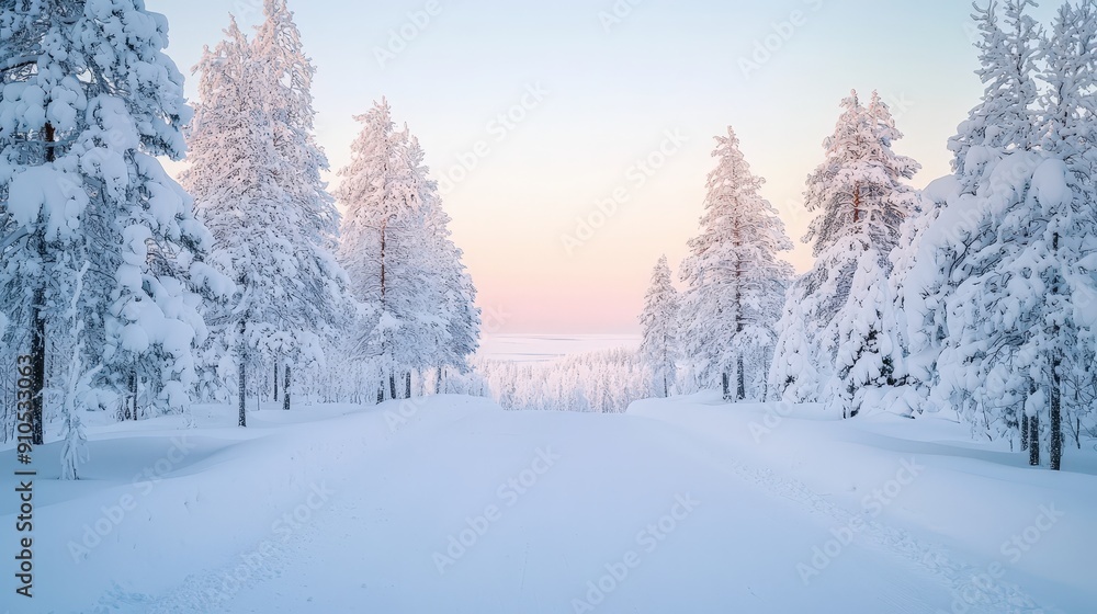 Wall mural A serene pathway blanketed in fresh snow surrounded by towering evergreen trees under a pastel dusk sky