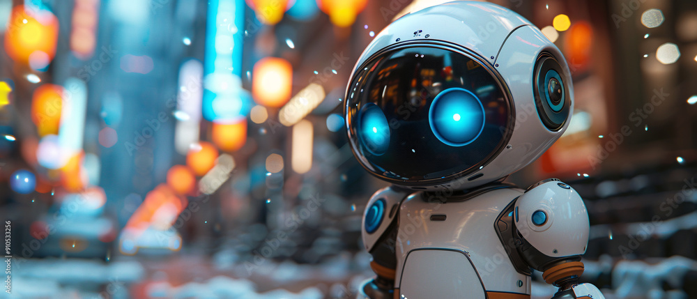 Poster futuristic robot in a cityscape with bokeh lights and snow