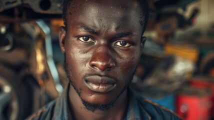 Close-up portrait of a young Kanuri male auto mechanic with an intense and focused expression, in a workshop setting surrounded by tools and machinery.