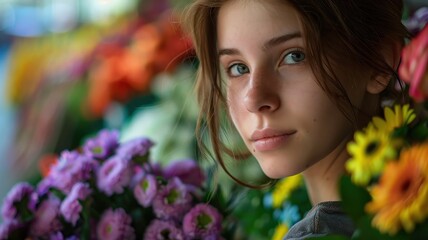 Naklejka premium Close-up portrait of a young Latvian female florist among flowers.