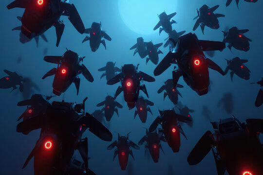 Swarm of drones flying in formation with red lights against a dark blue background. Generated by AI.