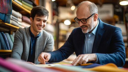 Two men, one older and one younger, smiling and examining fabric samples in a textile store, symbolizing mentorship and business collaboration.

