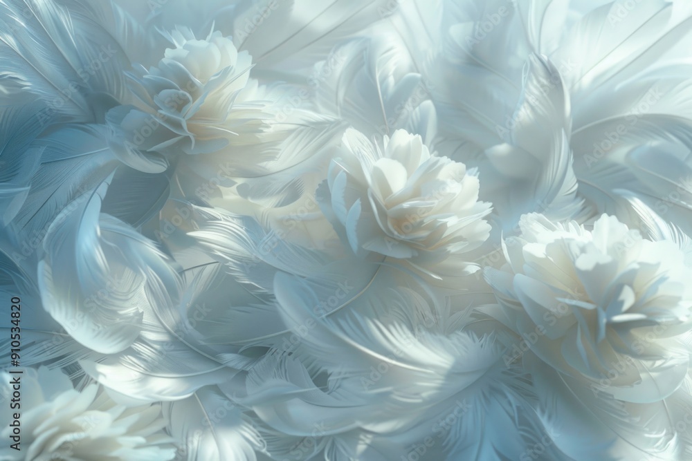 Poster A close-up view of a cluster of white feathers, ideal for use in designs or illustrations related to elegance and simplicity