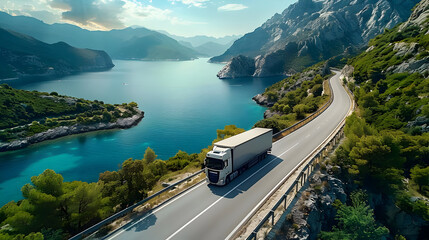 Aerial View of Truck on Scenic Coastal Road - Photo