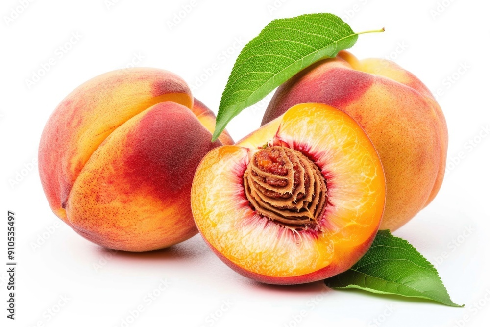 Poster fresh peaches with leaves on a white background