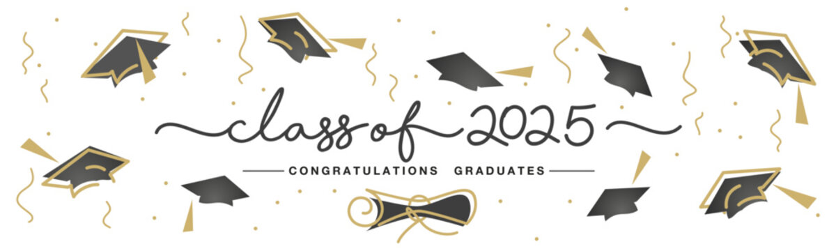 Class of 2025 handwritten typography lettering text. Hand drawn design with diploma confetti and flying graduates caps Congratulations graduates. Golden and black line design with white background