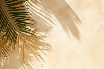Obraz premium Palm leaves and shadows on beige plastered wall hard light background with copy space