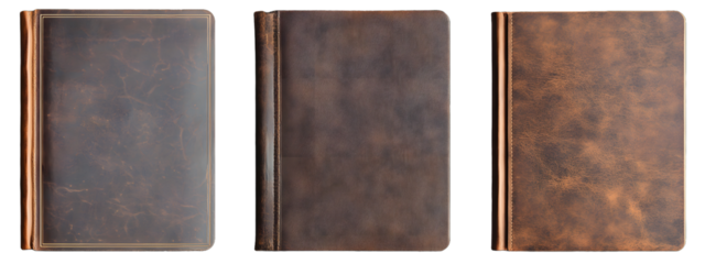 Set of brown leather book covers with ropes, isolated on transparent background