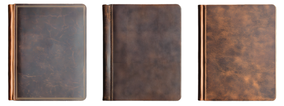 Set of brown leather book covers with ropes, isolated on transparent background
