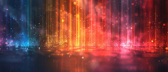 Abstract Background with Red, Orange, and Blue Light Streaks and Glowing Particles, and Blue Light Streaks and