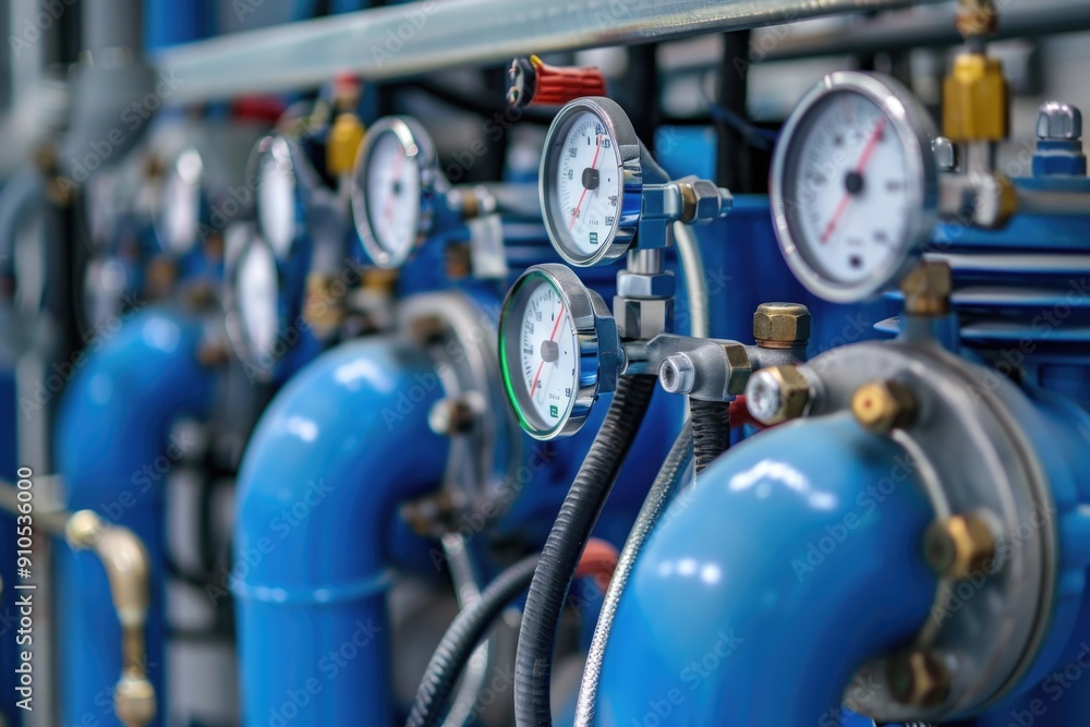 Fototapete close-up shot of industrial pipe control panels with various gauges and instruments