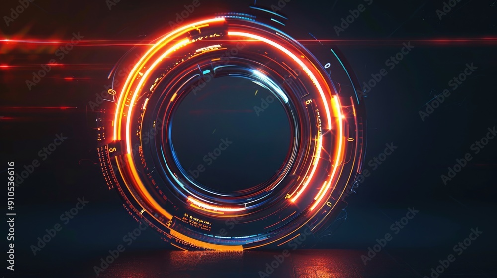 Poster A round object with glowing neon lights against a dark backdrop