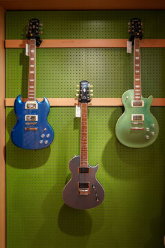 Paris France 07 07 2024 : famous electric guitars brand on display