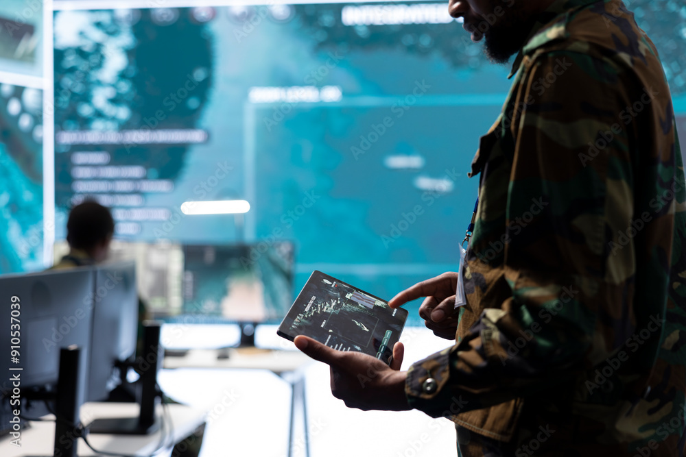 Poster high tech military office with soldiers analyzing real time data, processing intelligence informatio