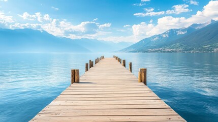 Obraz premium Wooden pier leading into blue lake with mountain backdrop.