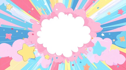 A large white speech bubble surrounded by colorful clouds and stars.