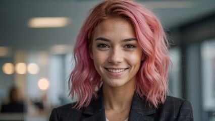 Fototapeta premium Young Woman With Pink Hair Smiling in Modern Office Environment During Daytime