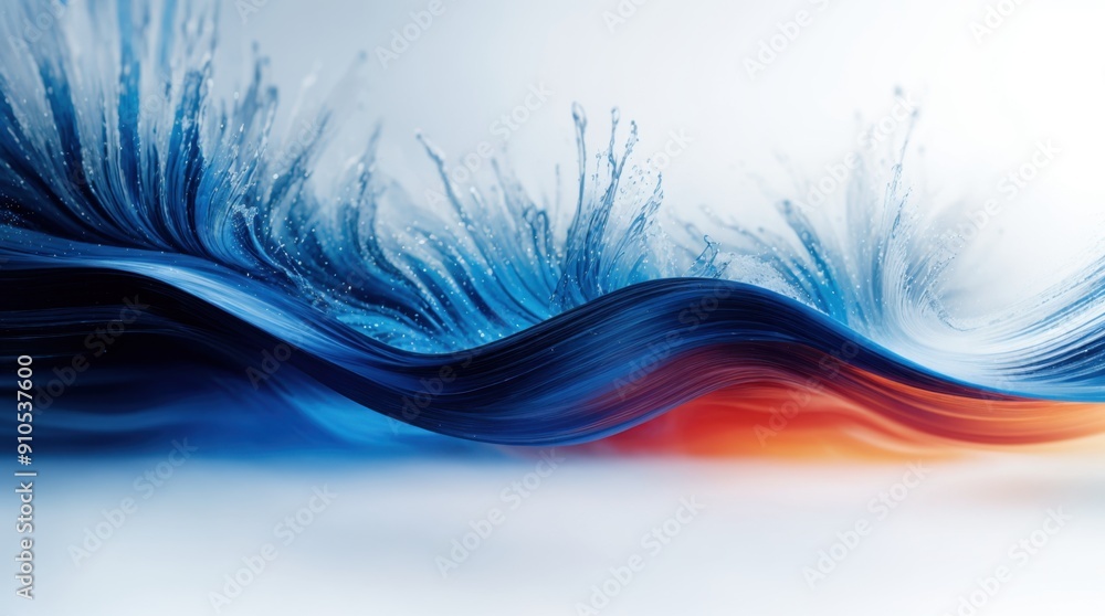 Poster abstract blue and orange wave pattern with digital particles on a gradient background