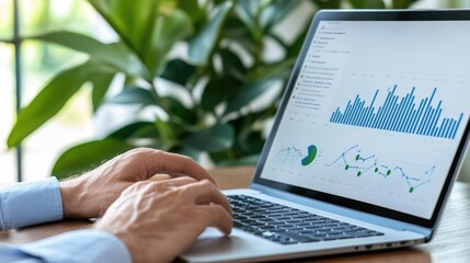 A laptop displays various business charts while a potted plant and notepad are arranged neatly on a modern office desk
