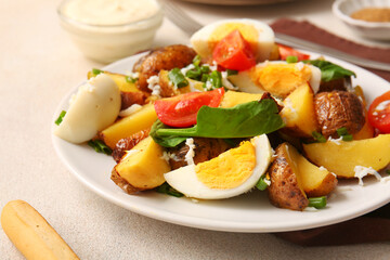 Plate of tasty potato salad with eggs and tomatoes on table, closeup