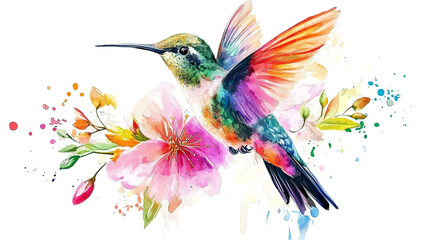Watercolor hummingbird with floral elements, vibrant colors, white...