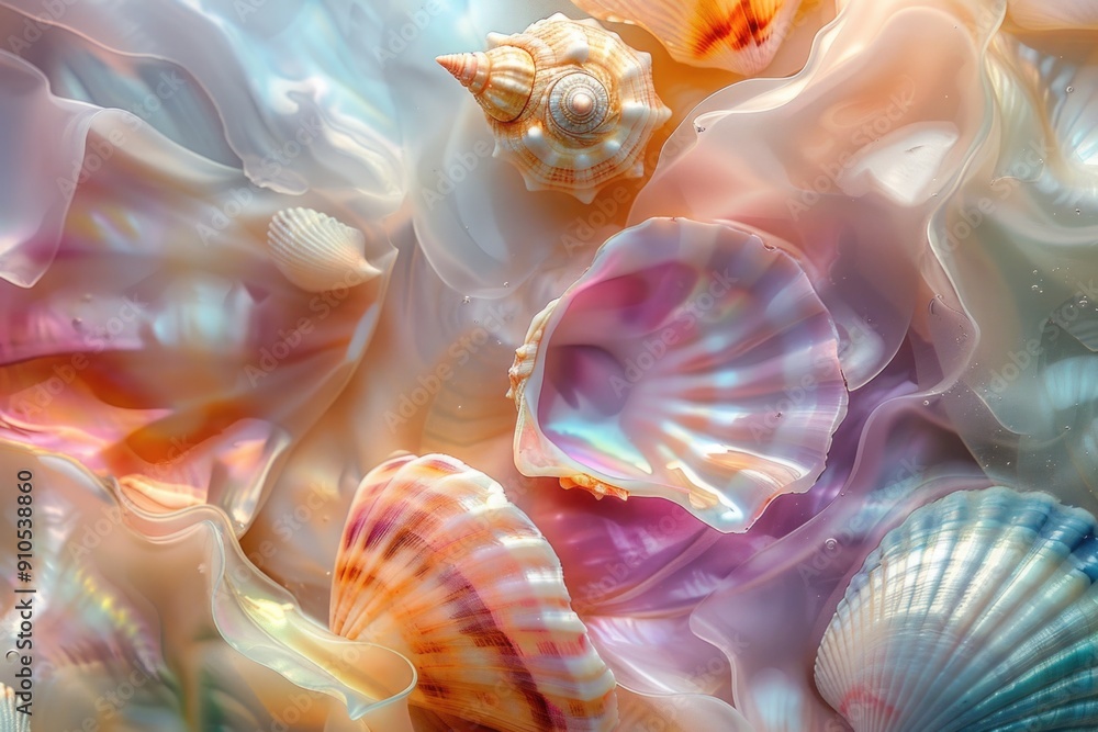 Poster a close-up shot of various types of shells with intricate details