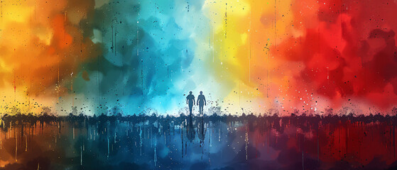 Naklejka premium Abstract Watercolor Painting with Two Silhouettes in a Colorful Landscape, Abstract Watercolor Painting with Two Silhouettes in a Colorful