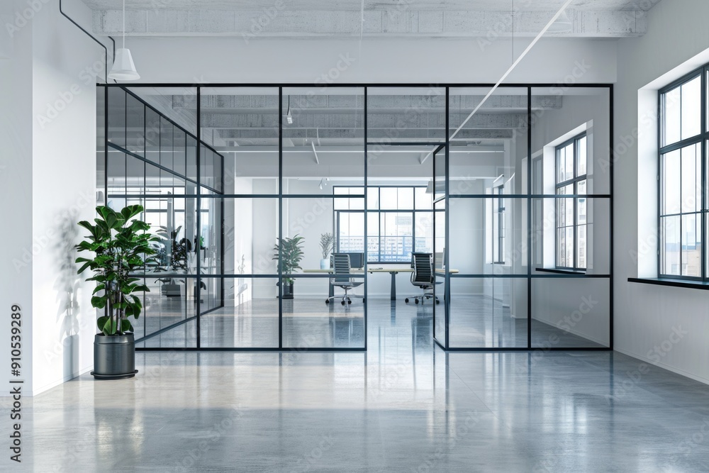 Aufkleber an empty office with a single plant in the center, ideal for minimalist designs or corporate use