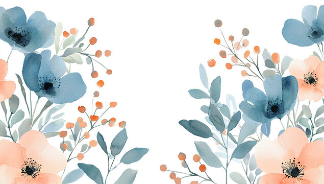 watercolor floral borders, white background, blue and peach...