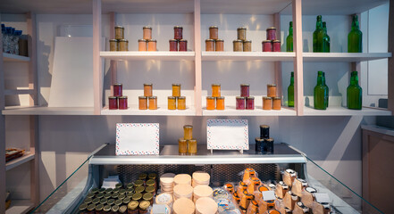 Artisanal preserves displayed on modern store shelves