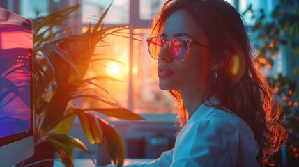 Fototapeta premium Portrait of a young woman in neon lights with dreamy bokeh background