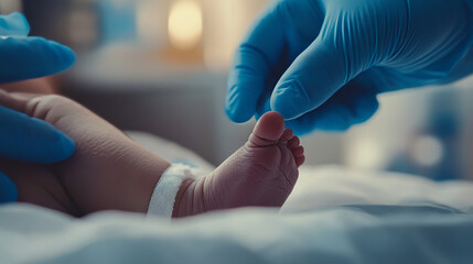 Close-up of a newborn baby's foot being gently held by gloved hands, emphasizing care, tenderness, and medical attention.
