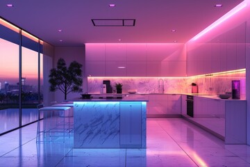 Modern minimalist kitchen with pink and purple LED lighting and sleek furniture