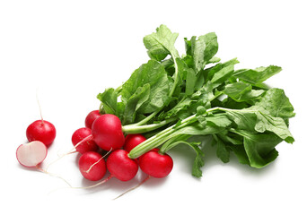 Bunch of ripe radish with green leaves isolated on white background