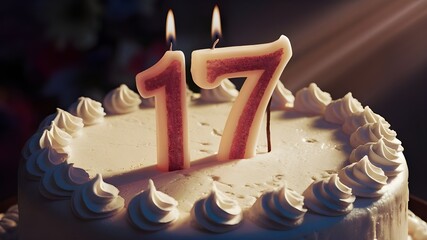17th birthday cake with candles, seventeen birthday celebration, happy birthday 17 years celebration