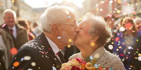 Lovely senior couple renewing their vows at their wedding day. Elderly married couple kissing on a backdrop of confetti and their guests.