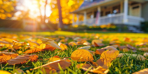 Fallen autumn leaves on perfect manicured lawn on a backdrop of residential house backyard. Fall season, sunny day outside.