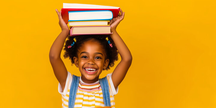 Cheerful young girl holding a pile of books over head head on yellow background. First day of school concept.