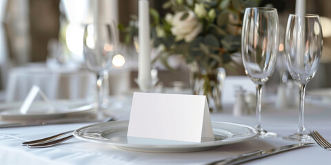 Fototapeta premium Mockup white blank space card. Greeting, invitation or menu card on wedding table setting. Beautiful table set for some festive event or wedding reception.