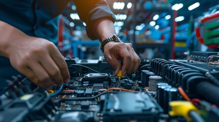 Technician Hands of car mechanic working repair in auto repair Service electric battery and Maintenance of car battery. Check the electrical system inside the car.
