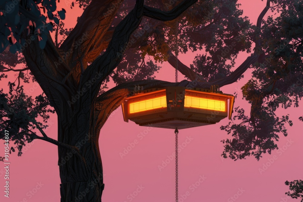 Poster A lantern hangs from the side of a tree trunk in a park or garden setting