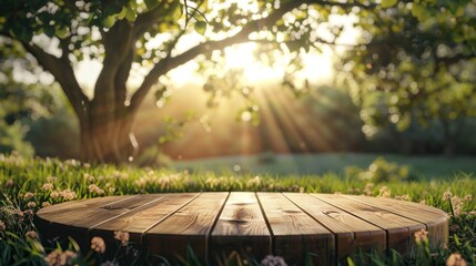 Naklejka premium A tree table wooden podium set on a farm, ideal for displaying food, perfume. AI Created.