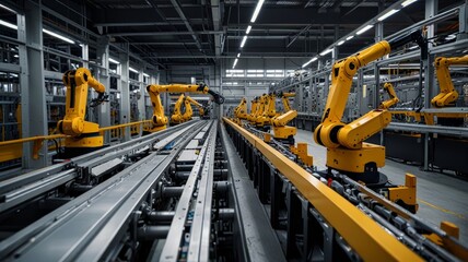 A detailed panoramic image of a futuristic, fully automated factory, showing robots in action