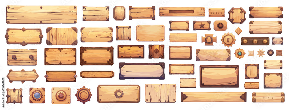 Poster cartoon wooden user interface set. game ui design elements wood frames borders buttons menu vector i