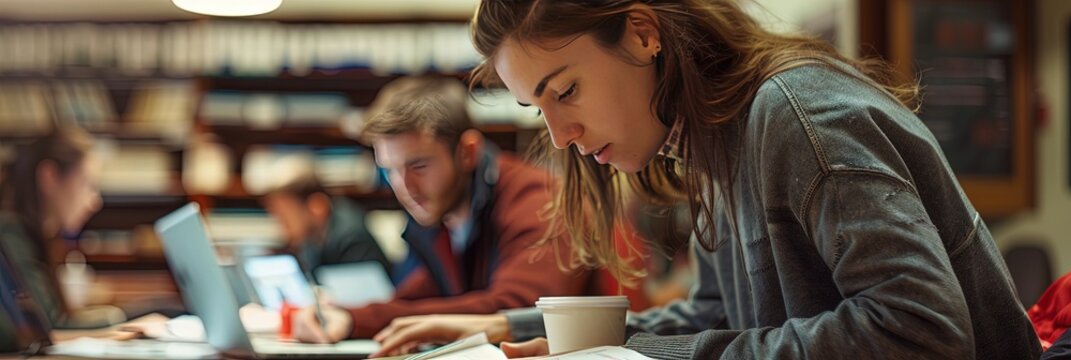 Graduate students diligently writing their thesis in a university classroom 
