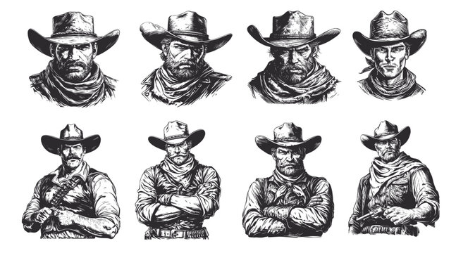 Engraving cowboy portrait set. Hand drawn wild west man in hat and scarf, western sheriff vector illustration