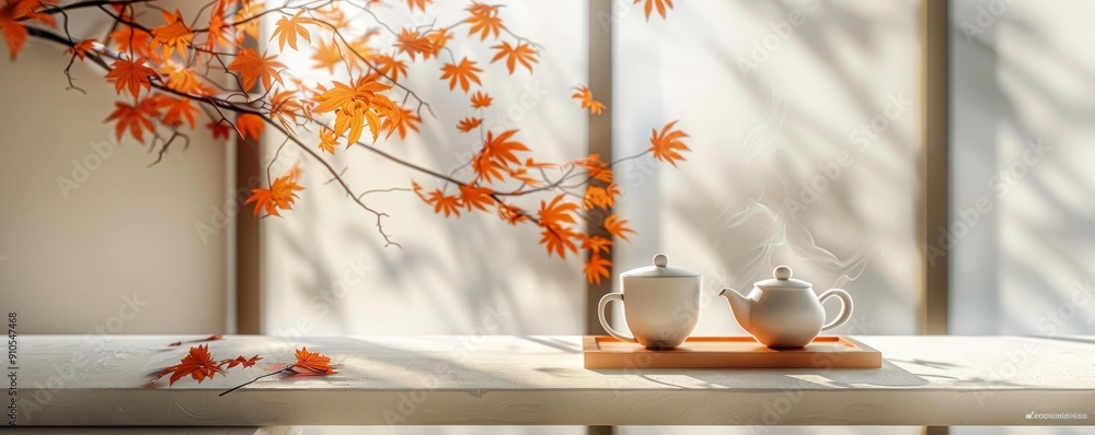 Poster minimalist autumn-themed setting with teapot and cups on round platform in sunlight