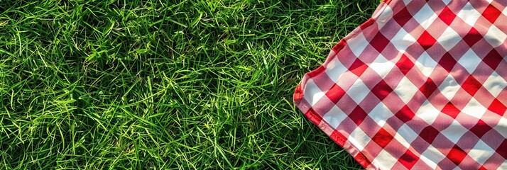 overhead photo of red, white checkered picnic blanket on fresh green grass, copy space