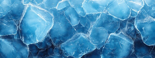 Obraz premium Beautiful winter natural blue ice texture of surface of frozen. Nature abstract pattern of white cracks. Winter seasonal background, mock up, flat lay, ice texture background, ice banner 
