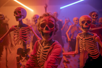 Surreal Halloween party scene with neon lights and skeletons. Generative AI image